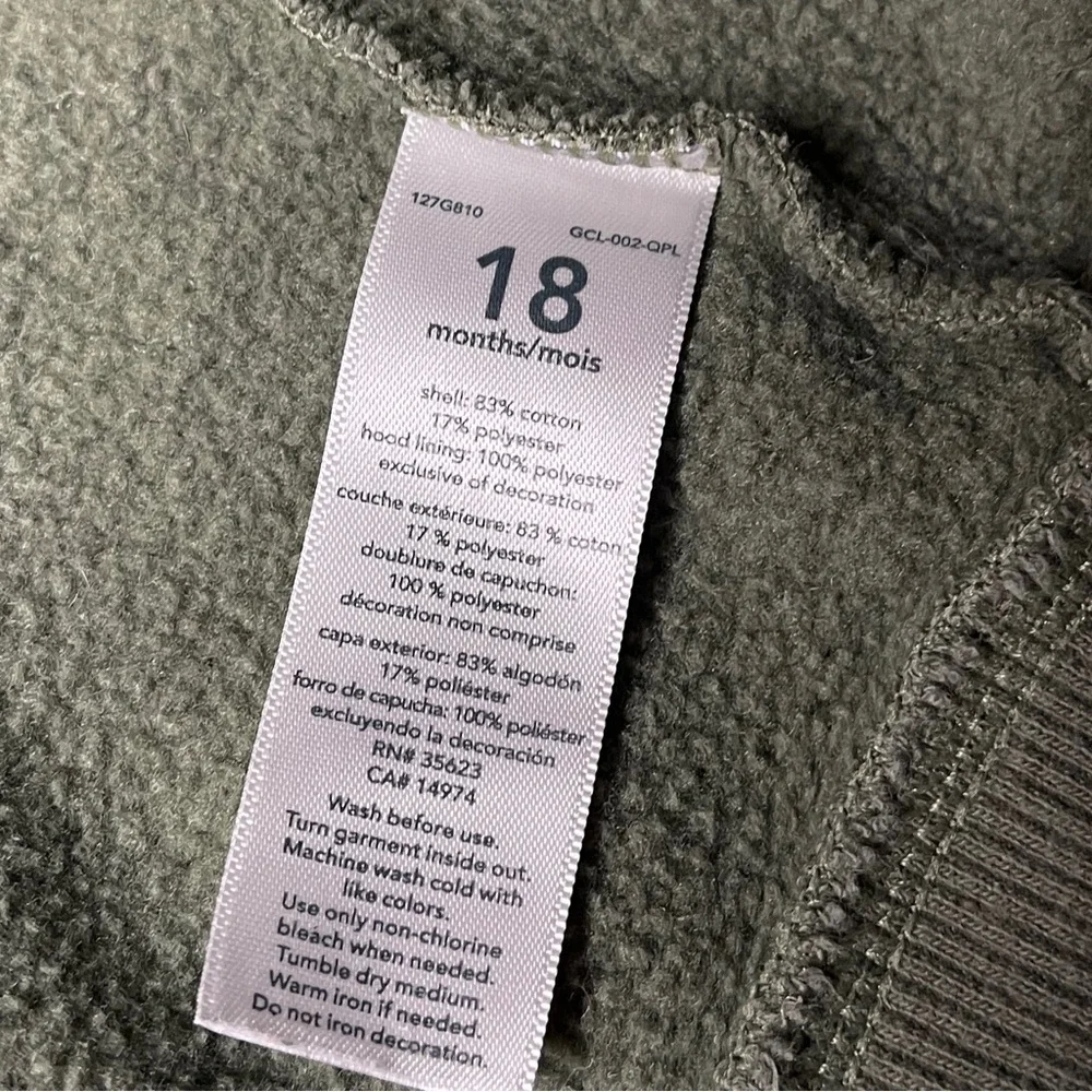Carter's T-Rex Dino Olive Green Sherpa Lined Full Zip Hoodie 18 Months